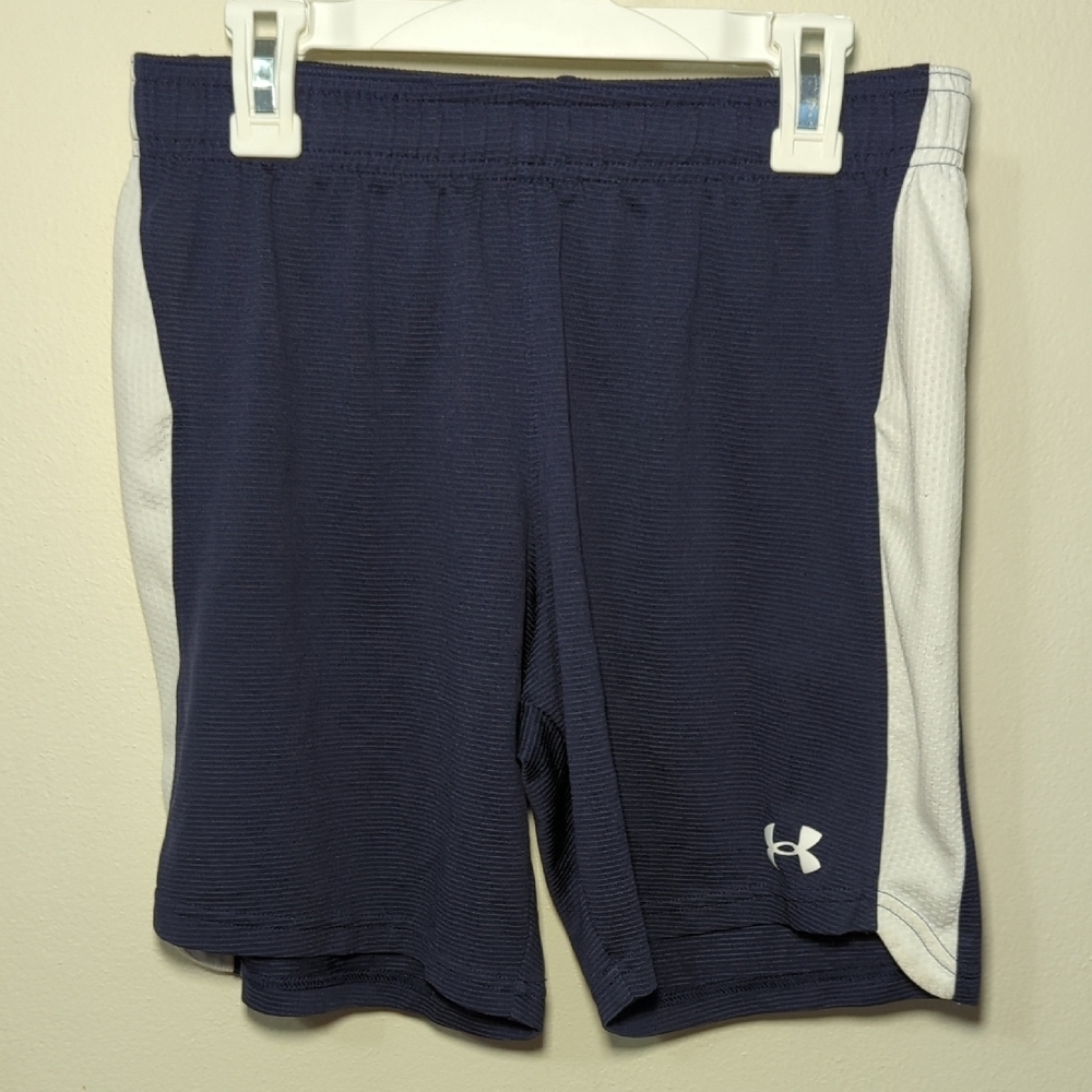 Under Armour Heatgear Shorts Dark Blue + White Mesh Loose Fit Boys Size Large